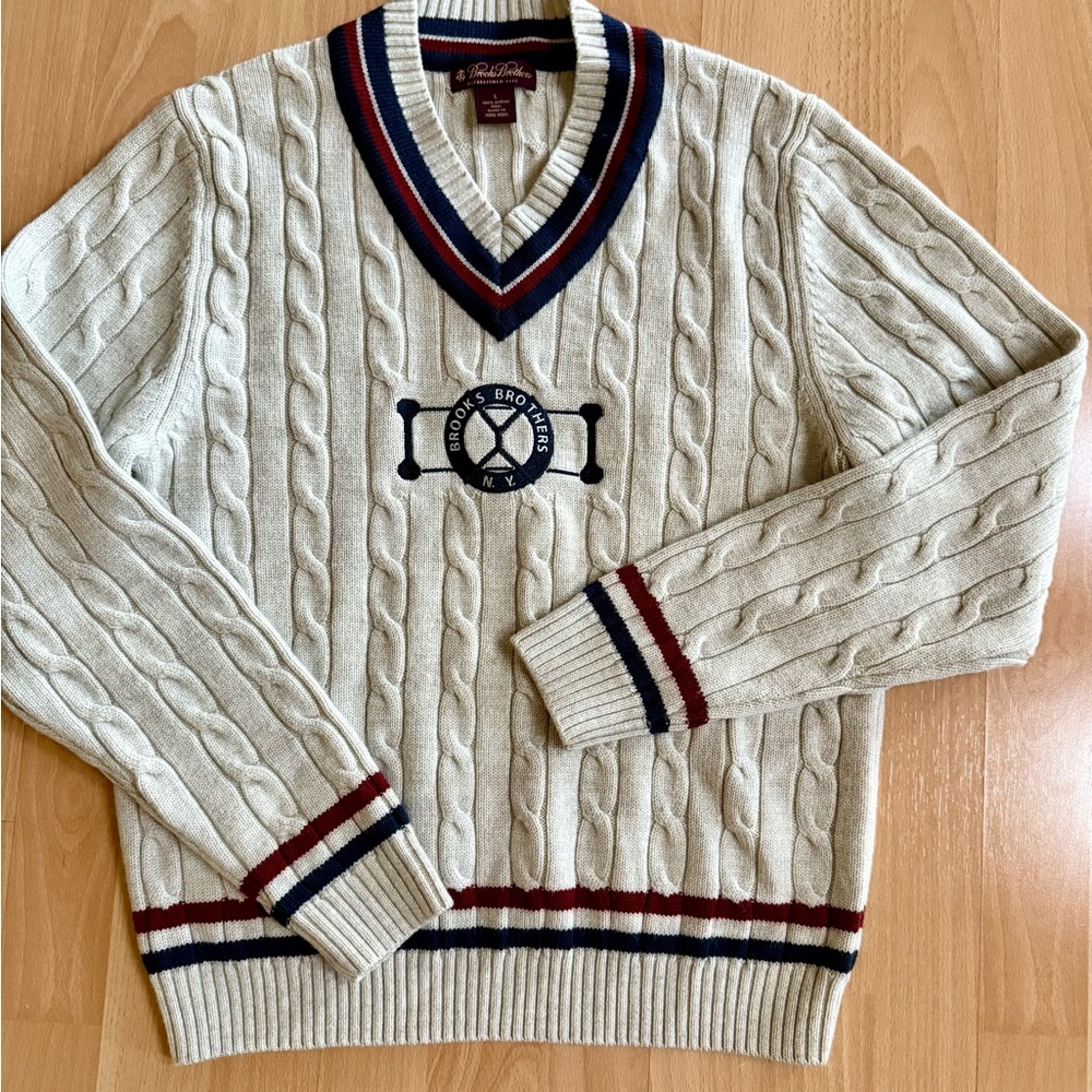 Brooks Brothers Tennis V-Neck Cable Knit Sweater Navy/ Red Accents Vintage Large
